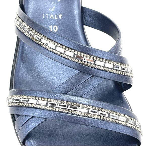 ITALIAN SHOEMAKERS NAVY BLUE RHINESTONE EMBELLISHED SLIDE-IN WEDGE STRAPY SANDAL - Picture 12 of 15